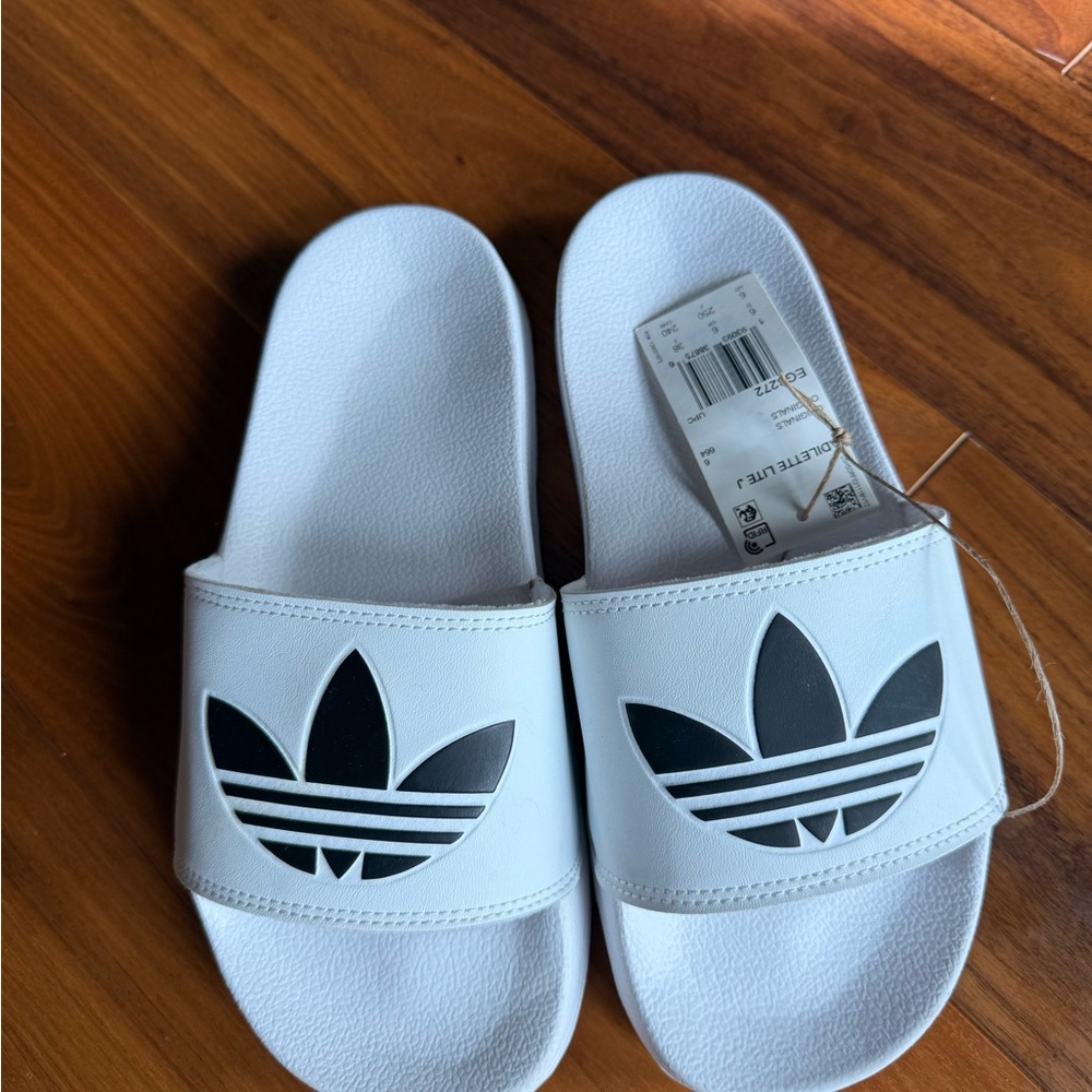 NWT Adidas White Slides with Black Trefoil Logo